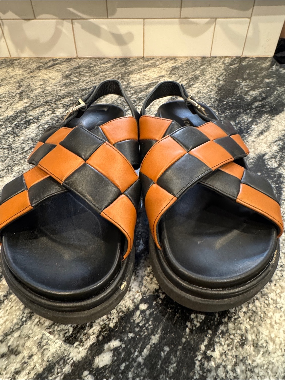 ALOHAS Black and Tan Woven Leather Slingback Sandals - Picture 4 of 13